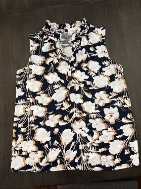 LOFT Navy Floral Sleeveless Ruffle-Neck Office Blouse